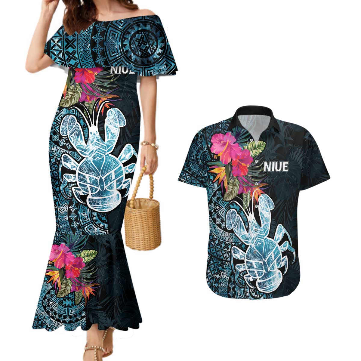 Niue Personalised Couples Matching Mermaid Dress and Hawaiian Shirt Hiapo Mix Coconut Crab LT7 Art - Polynesian Pride