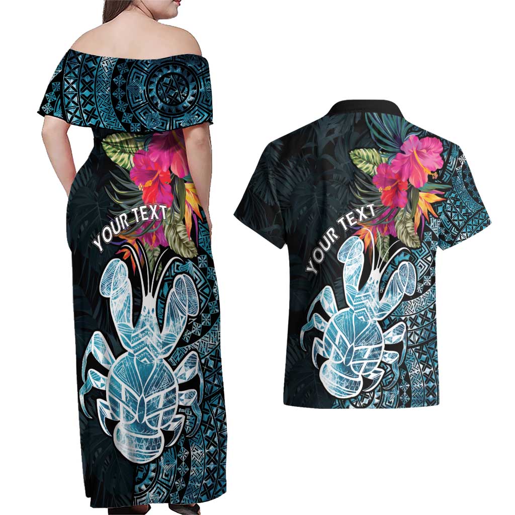 Niue Personalised Couples Matching Off Shoulder Maxi Dress and Hawaiian Shirt Hiapo Mix Coconut Crab LT7 - Polynesian Pride
