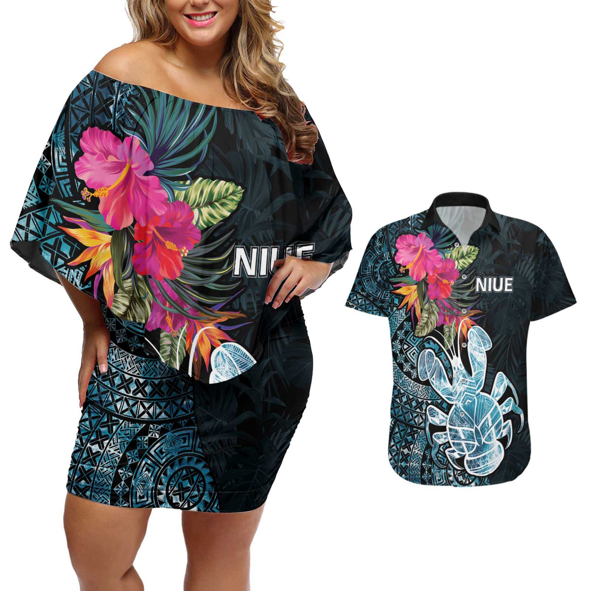 Niue Personalised Couples Matching Off Shoulder Short Dress and Hawaiian Shirt Hiapo Mix Coconut Crab LT7 Art - Polynesian Pride