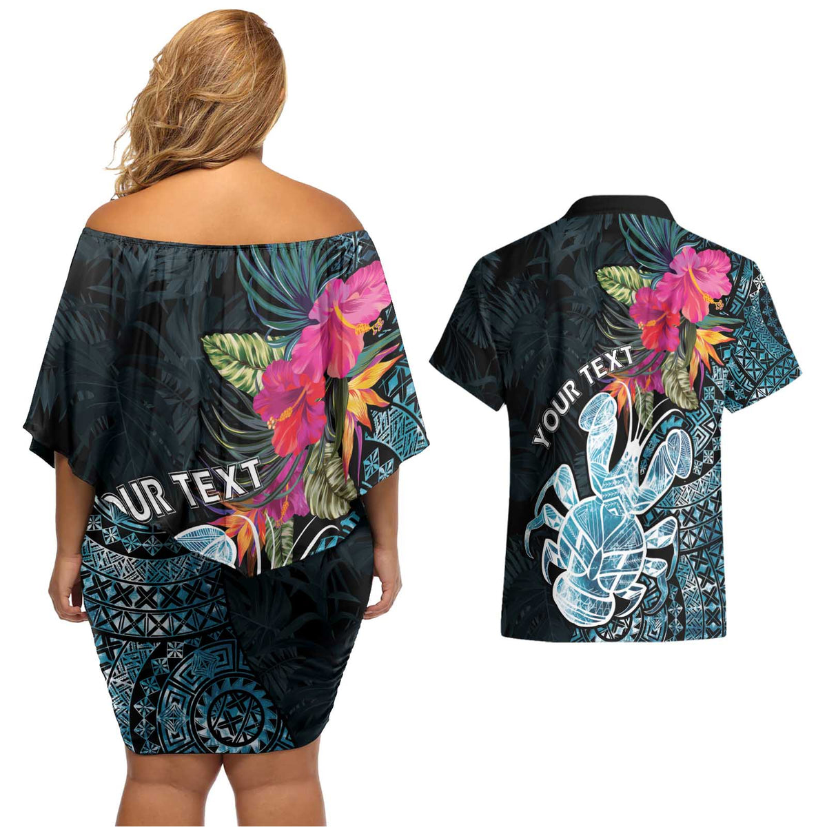 Niue Personalised Couples Matching Off Shoulder Short Dress and Hawaiian Shirt Hiapo Mix Coconut Crab LT7 - Polynesian Pride