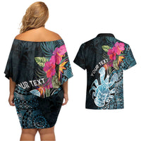 Niue Personalised Couples Matching Off Shoulder Short Dress and Hawaiian Shirt Hiapo Mix Coconut Crab LT7 - Polynesian Pride