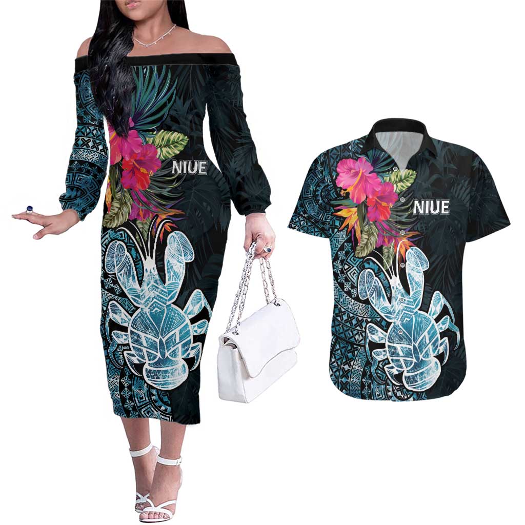 Niue Personalised Couples Matching Off The Shoulder Long Sleeve Dress and Hawaiian Shirt Hiapo Mix Coconut Crab LT7 Art - Polynesian Pride