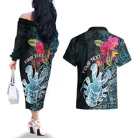 Niue Personalised Couples Matching Off The Shoulder Long Sleeve Dress and Hawaiian Shirt Hiapo Mix Coconut Crab LT7 - Polynesian Pride