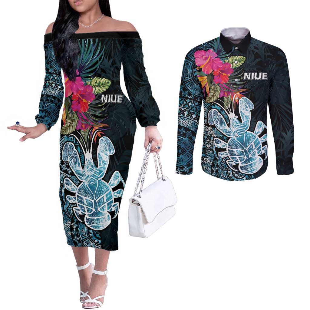 Niue Personalised Couples Matching Off The Shoulder Long Sleeve Dress and Long Sleeve Button Shirt Hiapo Mix Coconut Crab LT7 Art - Polynesian Pride