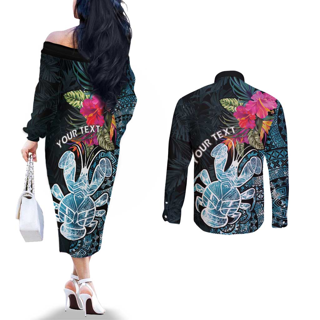 Niue Personalised Couples Matching Off The Shoulder Long Sleeve Dress and Long Sleeve Button Shirt Hiapo Mix Coconut Crab LT7 - Polynesian Pride