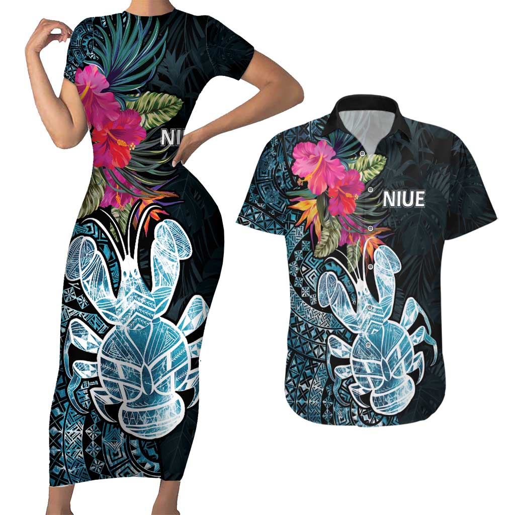 Niue Personalised Couples Matching Short Sleeve Bodycon Dress and Hawaiian Shirt Hiapo Mix Coconut Crab LT7 Art - Polynesian Pride