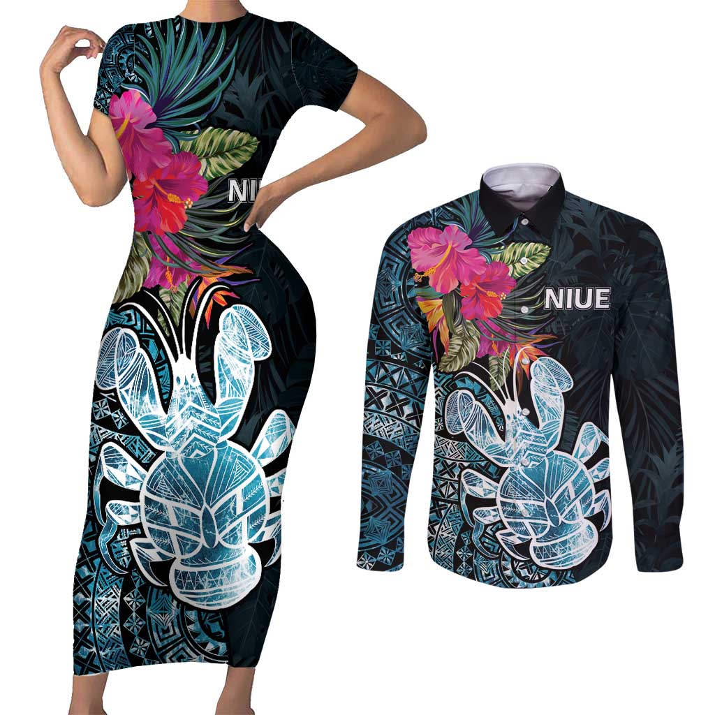 Niue Personalised Couples Matching Short Sleeve Bodycon Dress and Long Sleeve Button Shirt Hiapo Mix Coconut Crab LT7 Art - Polynesian Pride