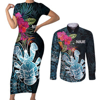 Niue Personalised Couples Matching Short Sleeve Bodycon Dress and Long Sleeve Button Shirt Hiapo Mix Coconut Crab LT7 Art - Polynesian Pride