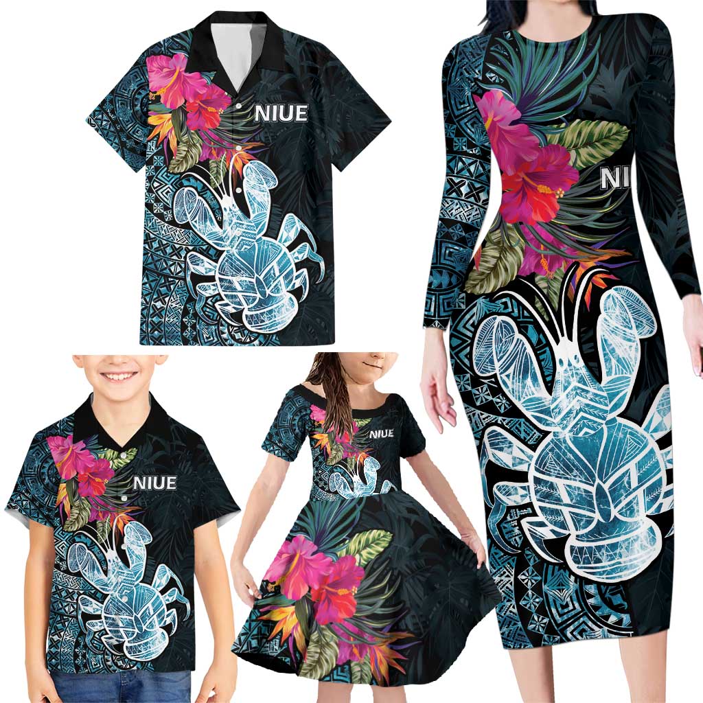 Niue Personalised Family Matching Long Sleeve Bodycon Dress and Hawaiian Shirt Hiapo Mix Coconut Crab LT7 - Polynesian Pride