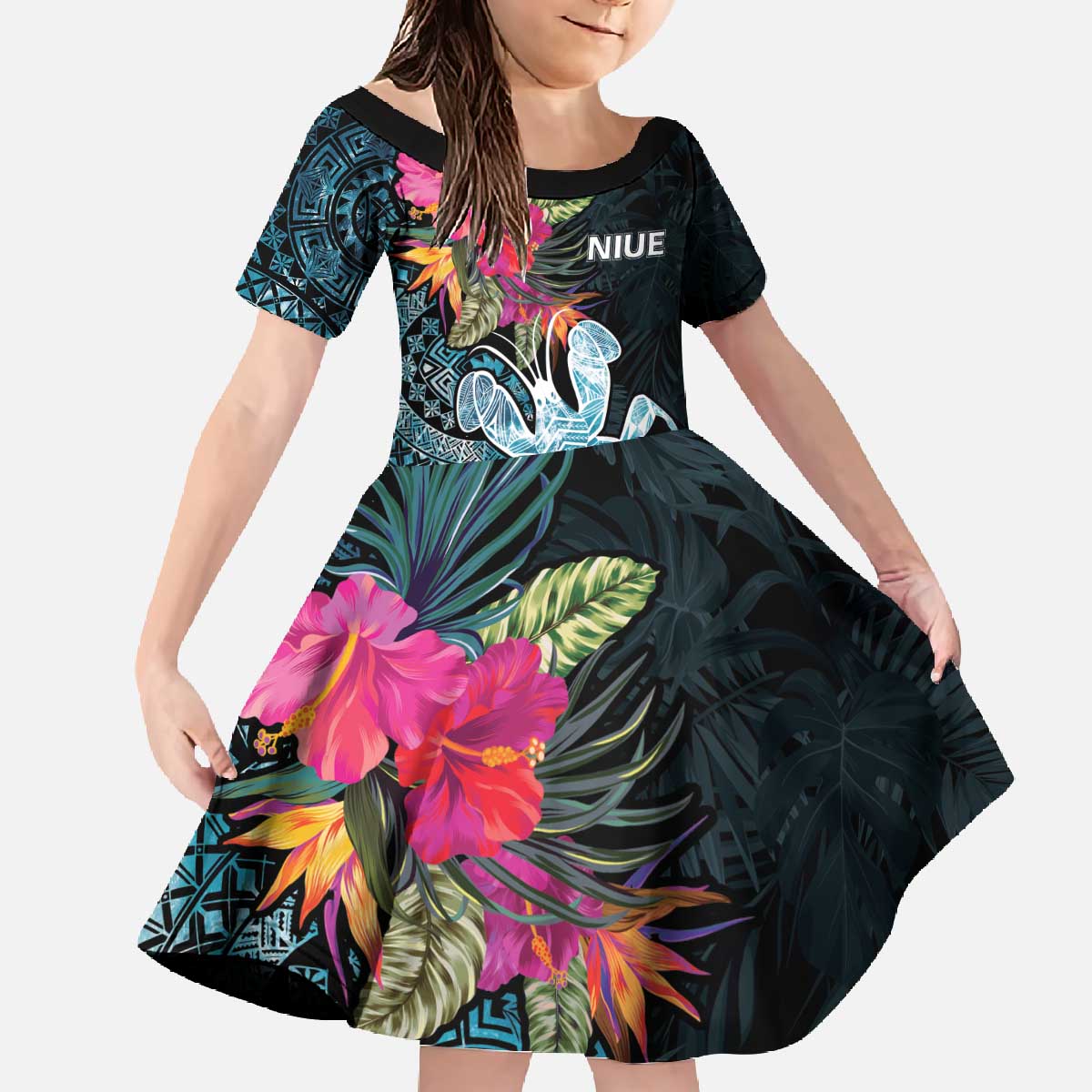 Niue Personalised Family Matching Off The Shoulder Long Sleeve Dress and Hawaiian Shirt Hiapo Mix Coconut Crab LT7 Daughter's Dress Art - Polynesian Pride