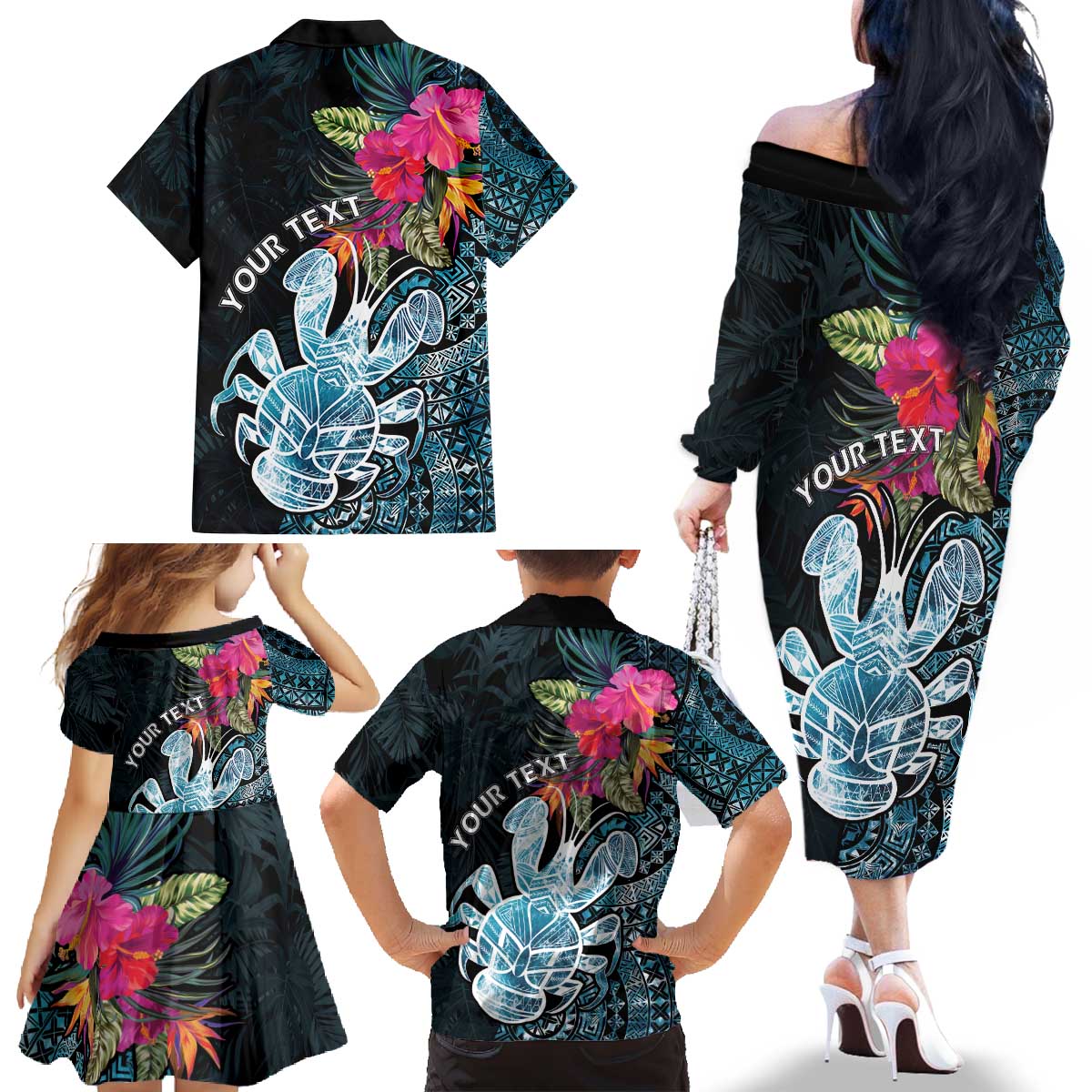 Niue Personalised Family Matching Off The Shoulder Long Sleeve Dress and Hawaiian Shirt Hiapo Mix Coconut Crab LT7 - Polynesian Pride