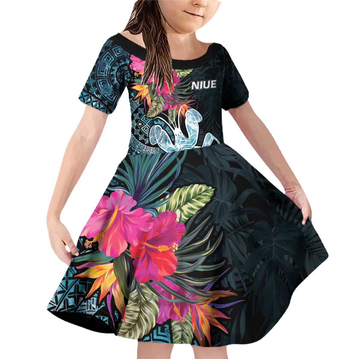Niue Personalised Family Matching Off Shoulder Short Dress and Hawaiian Shirt Hiapo Mix Coconut Crab LT7 Daughter's Dress Art - Polynesian Pride
