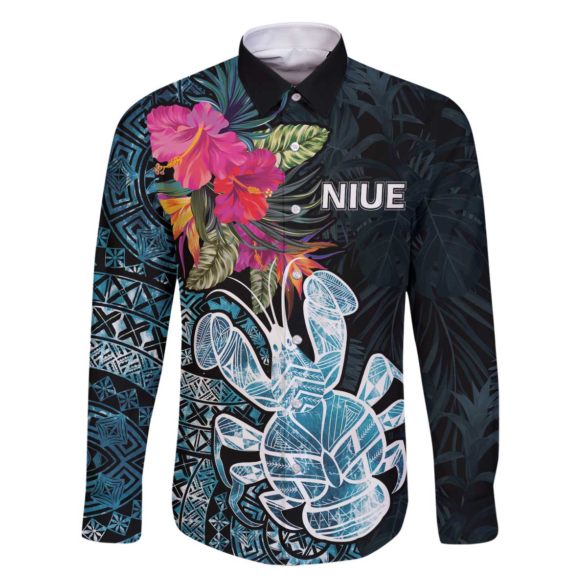 Niue Personalised Family Matching Off Shoulder Short Dress and Hawaiian Shirt Hiapo Mix Coconut Crab LT7 Dad's Shirt - Long Sleeve Art - Polynesian Pride