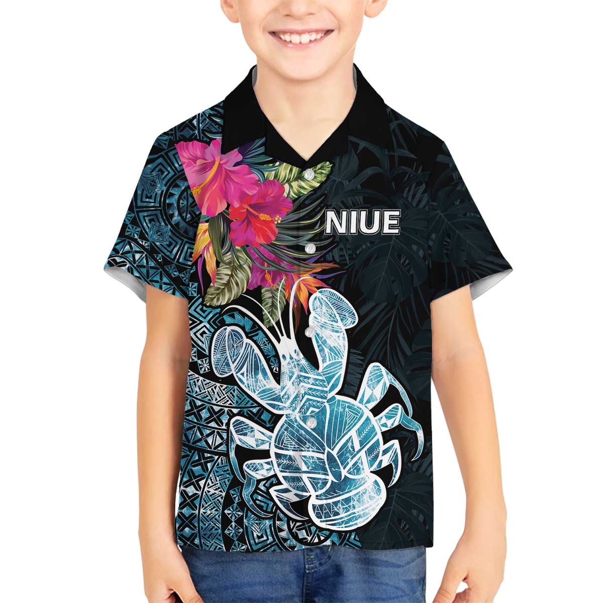Niue Personalised Family Matching Off Shoulder Short Dress and Hawaiian Shirt Hiapo Mix Coconut Crab LT7 Son's Shirt Art - Polynesian Pride