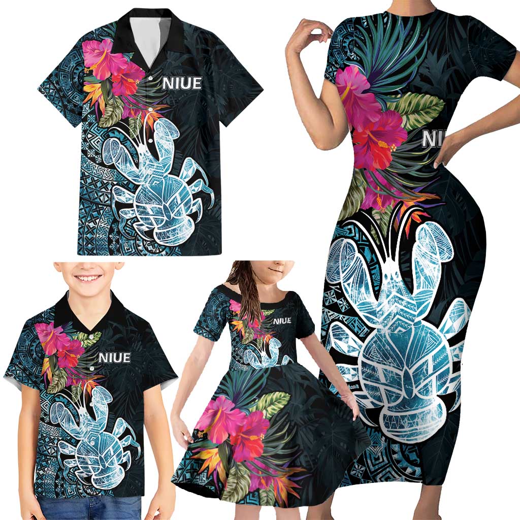 Niue Personalised Family Matching Short Sleeve Bodycon Dress and Hawaiian Shirt Hiapo Mix Coconut Crab LT7 - Polynesian Pride