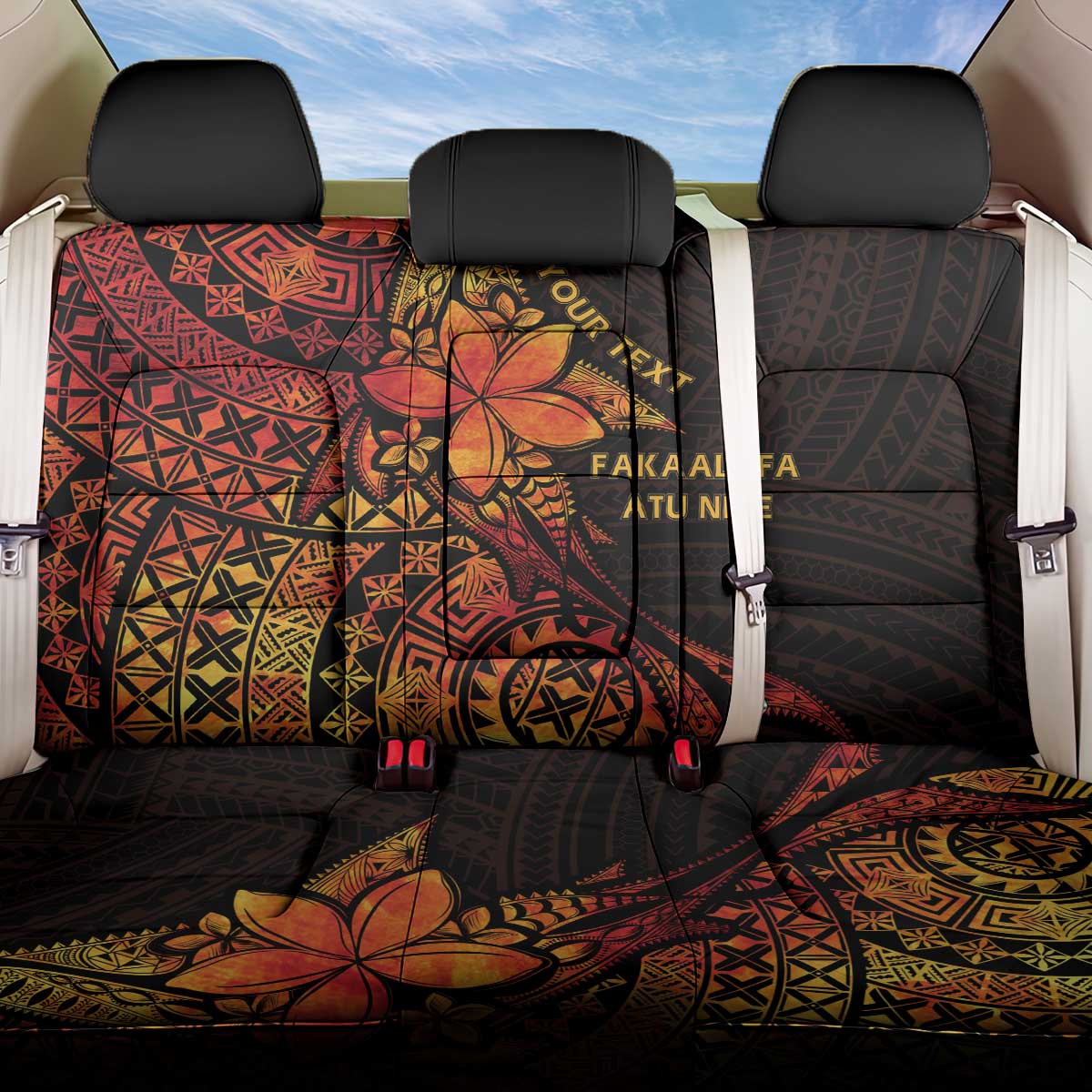 Niue Fakaalofa Atu Personalised Back Car Seat Cover Whale Hiapo Fiery Motif LT7 One Size Art - Polynesian Pride