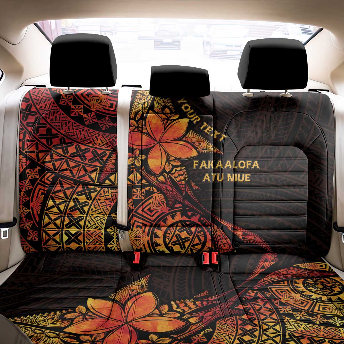 Niue Fakaalofa Atu Personalised Back Car Seat Cover Whale Hiapo Fiery Motif LT7 - Polynesian Pride