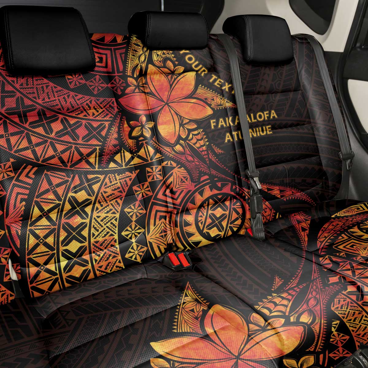 Niue Fakaalofa Atu Personalised Back Car Seat Cover Whale Hiapo Fiery Motif LT7 - Polynesian Pride