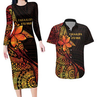 Niue Fakaalofa Atu Personalised Couples Matching Long Sleeve Bodycon Dress and Hawaiian Shirt Whale Hiapo Fiery Motif LT7 Art - Polynesian Pride