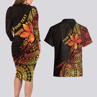Niue Fakaalofa Atu Personalised Couples Matching Long Sleeve Bodycon Dress and Hawaiian Shirt Whale Hiapo Fiery Motif LT7 - Polynesian Pride