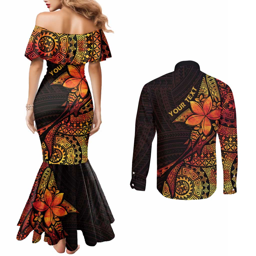 Niue Fakaalofa Atu Personalised Couples Matching Mermaid Dress and Long Sleeve Button Shirt Whale Hiapo Fiery Motif LT7 - Polynesian Pride