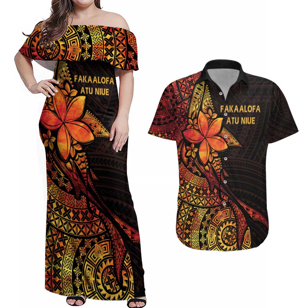 Niue Fakaalofa Atu Personalised Couples Matching Off Shoulder Maxi Dress and Hawaiian Shirt Whale Hiapo Fiery Motif LT7 Art - Polynesian Pride