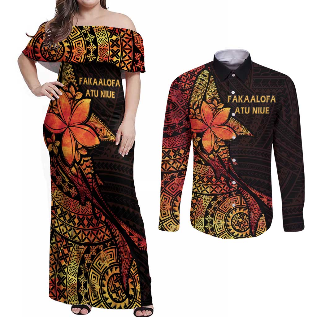Niue Fakaalofa Atu Personalised Couples Matching Off Shoulder Maxi Dress and Long Sleeve Button Shirt Whale Hiapo Fiery Motif LT7 Art - Polynesian Pride