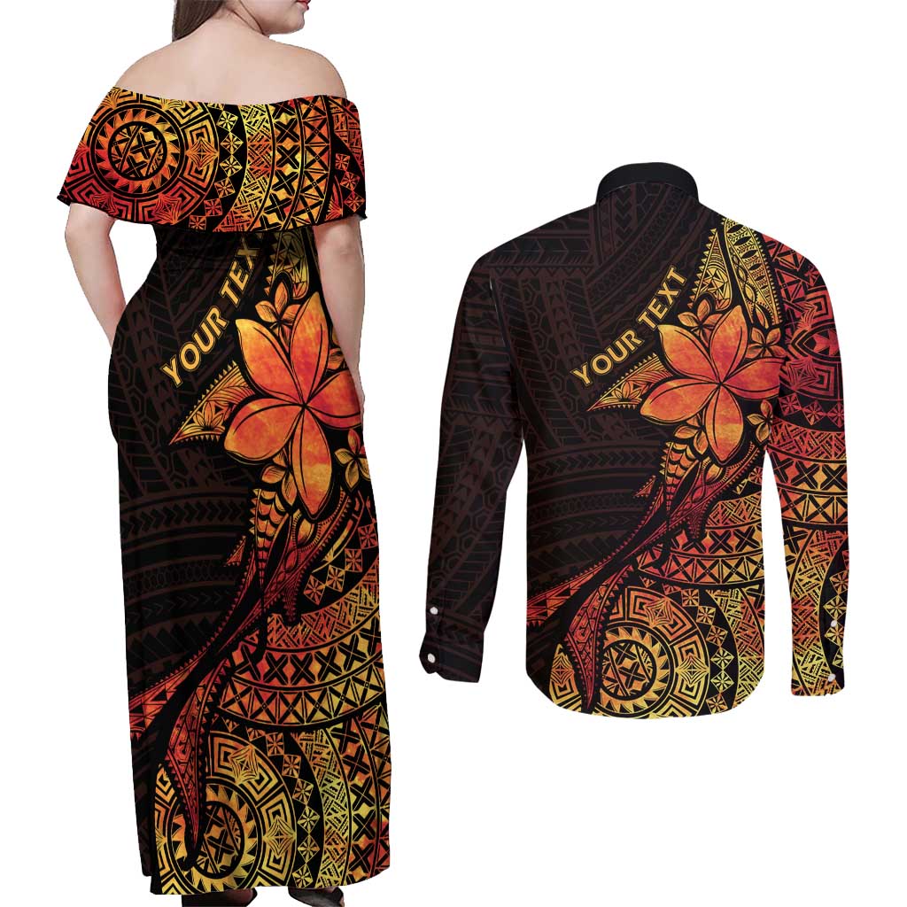 Niue Fakaalofa Atu Personalised Couples Matching Off Shoulder Maxi Dress and Long Sleeve Button Shirt Whale Hiapo Fiery Motif LT7 - Polynesian Pride