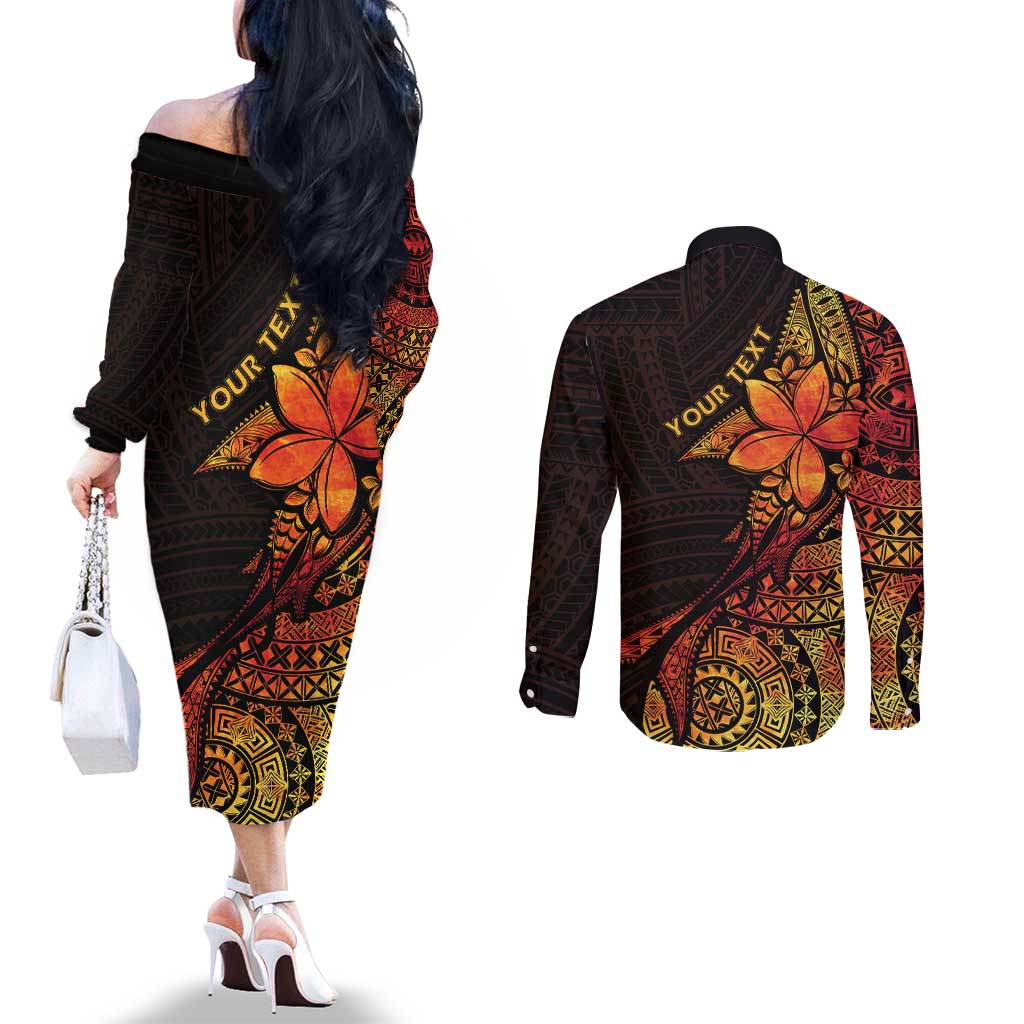 Niue Fakaalofa Atu Personalised Couples Matching Off The Shoulder Long Sleeve Dress and Long Sleeve Button Shirt Whale Hiapo Fiery Motif LT7 - Polynesian Pride