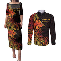 Niue Fakaalofa Atu Personalised Couples Matching Puletasi and Long Sleeve Button Shirt Whale Hiapo Fiery Motif LT7 Art - Polynesian Pride