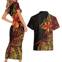 Niue Fakaalofa Atu Personalised Couples Matching Short Sleeve Bodycon Dress and Hawaiian Shirt Whale Hiapo Fiery Motif LT7 - Polynesian Pride