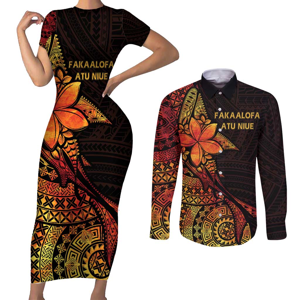 Niue Fakaalofa Atu Personalised Couples Matching Short Sleeve Bodycon Dress and Long Sleeve Button Shirt Whale Hiapo Fiery Motif LT7 Art - Polynesian Pride
