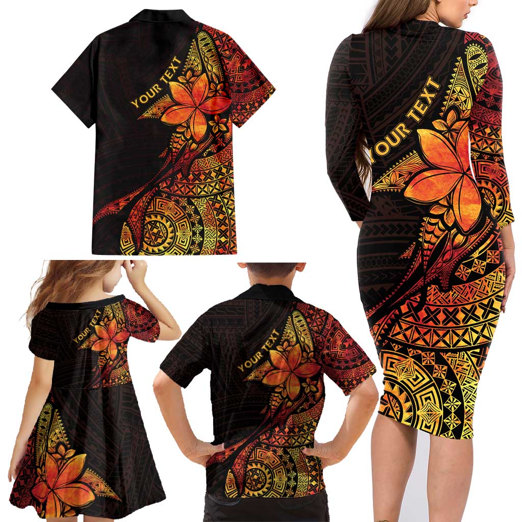 Niue Fakaalofa Atu Personalised Family Matching Long Sleeve Bodycon Dress and Hawaiian Shirt Whale Hiapo Fiery Motif LT7 - Polynesian Pride