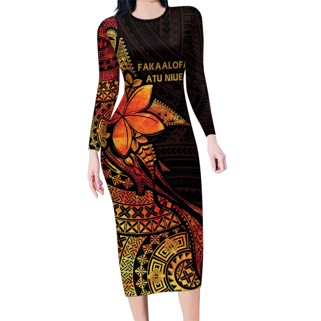 Niue Fakaalofa Atu Personalised Family Matching Long Sleeve Bodycon Dress and Hawaiian Shirt Whale Hiapo Fiery Motif LT7 Mom's Dress Art - Polynesian Pride