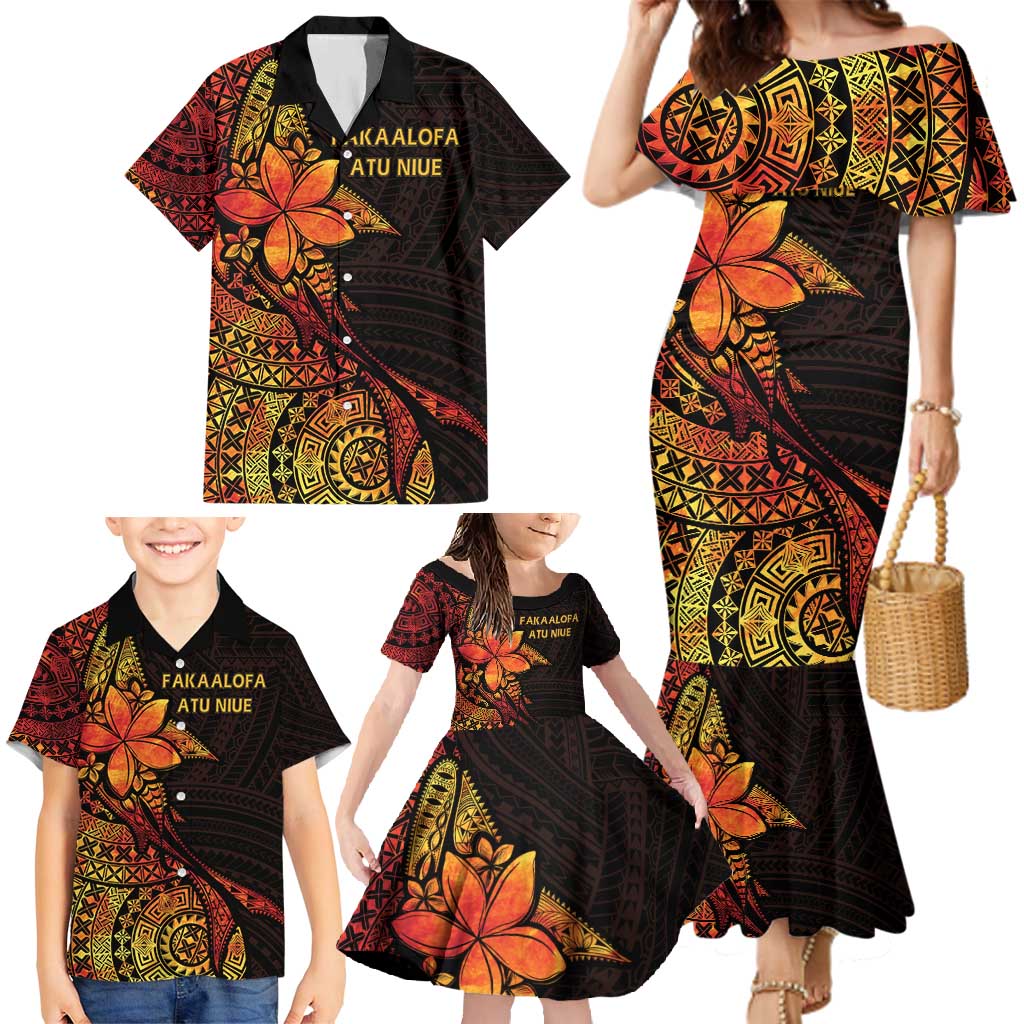 Niue Fakaalofa Atu Personalised Family Matching Mermaid Dress and Hawaiian Shirt Whale Hiapo Fiery Motif LT7 - Polynesian Pride