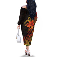 Niue Fakaalofa Atu Personalised Family Matching Off The Shoulder Long Sleeve Dress and Hawaiian Shirt Whale Hiapo Fiery Motif LT7 - Polynesian Pride