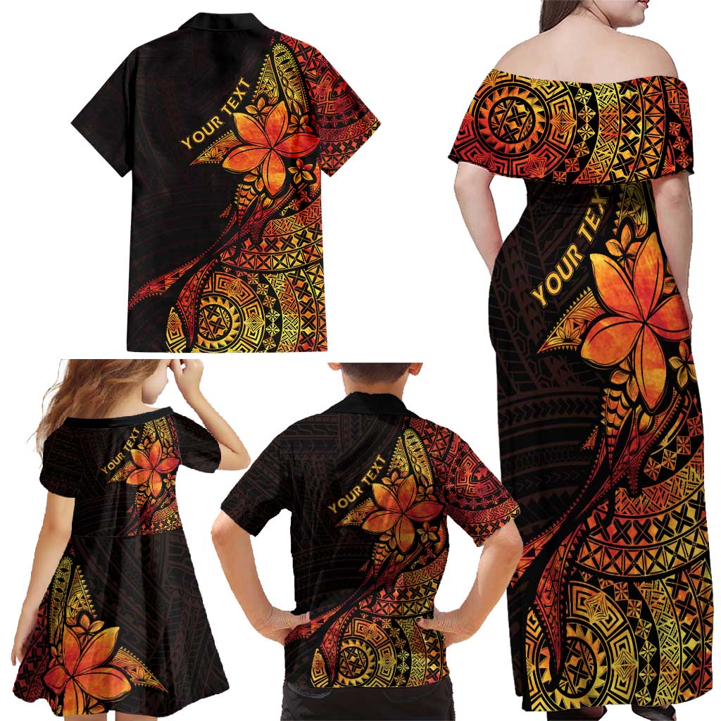 Niue Fakaalofa Atu Personalised Family Matching Off Shoulder Maxi Dress and Hawaiian Shirt Whale Hiapo Fiery Motif LT7 - Polynesian Pride