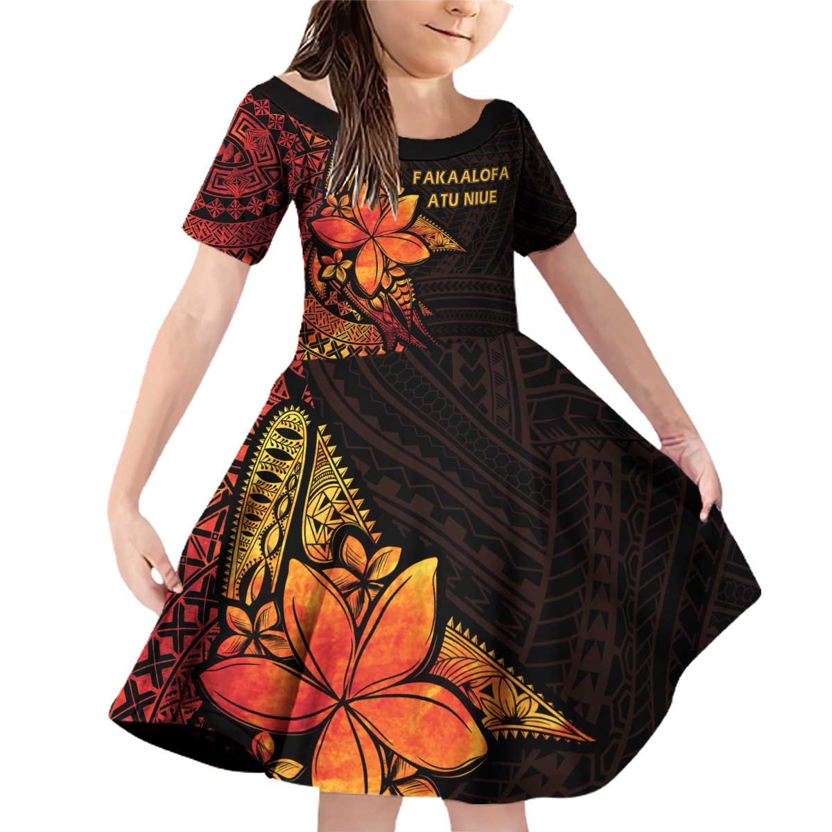 Niue Fakaalofa Atu Personalised Family Matching Off Shoulder Short Dress and Hawaiian Shirt Whale Hiapo Fiery Motif LT7 Daughter's Dress Art - Polynesian Pride