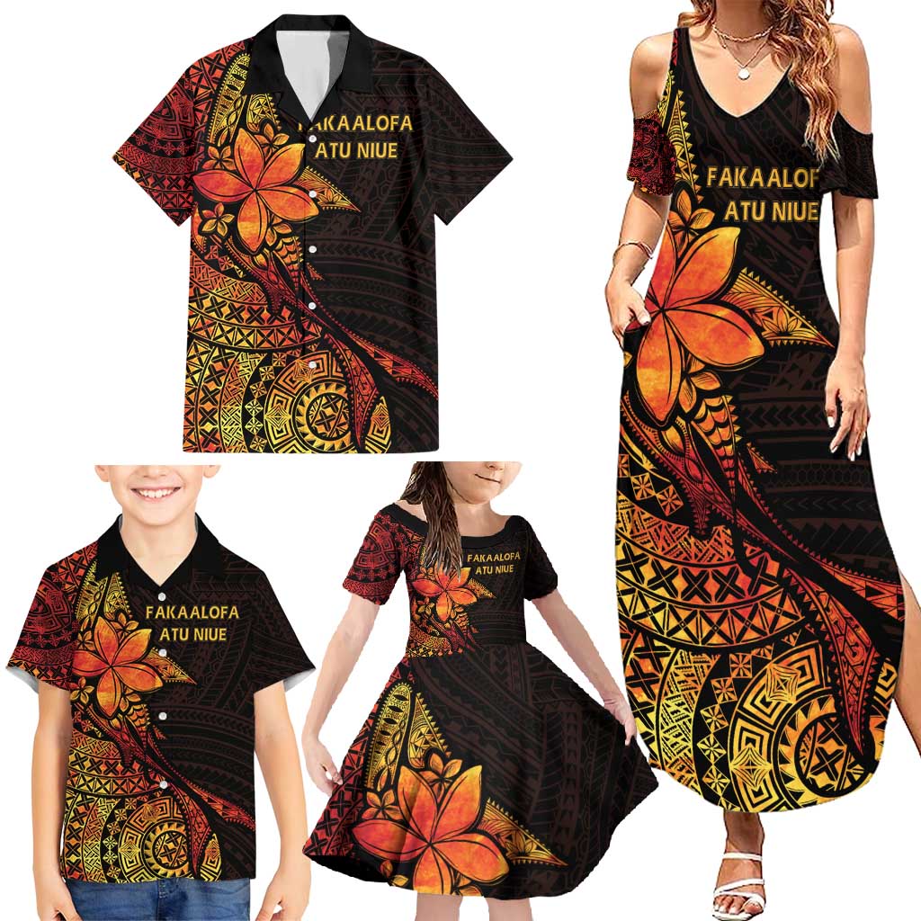 Niue Fakaalofa Atu Personalised Family Matching Summer Maxi Dress and Hawaiian Shirt Whale Hiapo Fiery Motif LT7 - Polynesian Pride