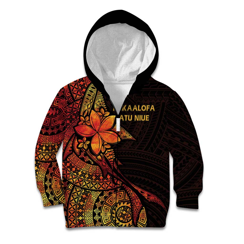 Niue Fakaalofa Atu Personalised Kid Hoodie Whale Hiapo Fiery Motif LT7 Zip Hoodie Art - Polynesian Pride