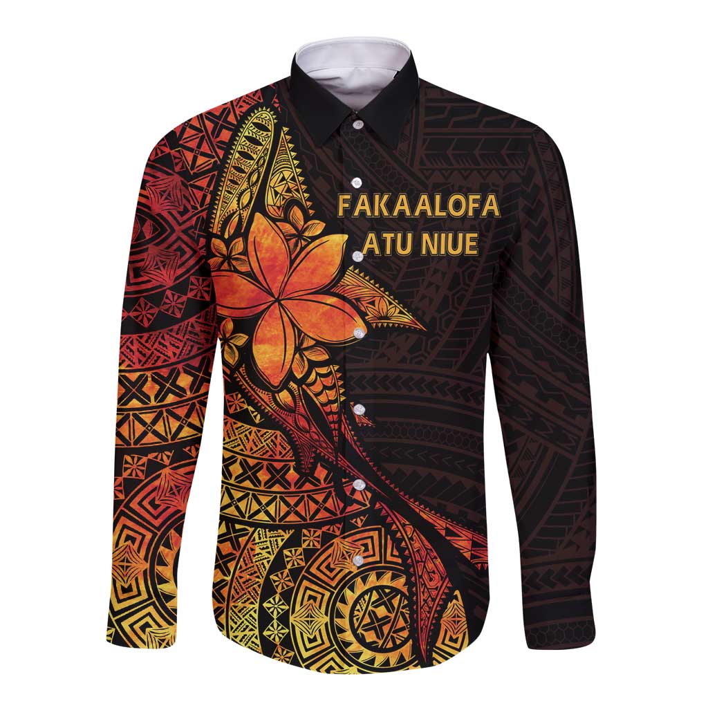 Niue Fakaalofa Atu Personalised Long Sleeve Button Shirt Whale Hiapo Fiery Motif LT7 Unisex Art - Polynesian Pride