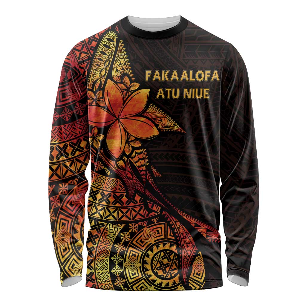 Niue Fakaalofa Atu Personalised Long Sleeve Shirt Whale Hiapo Fiery Motif LT7 Unisex Art - Polynesian Pride