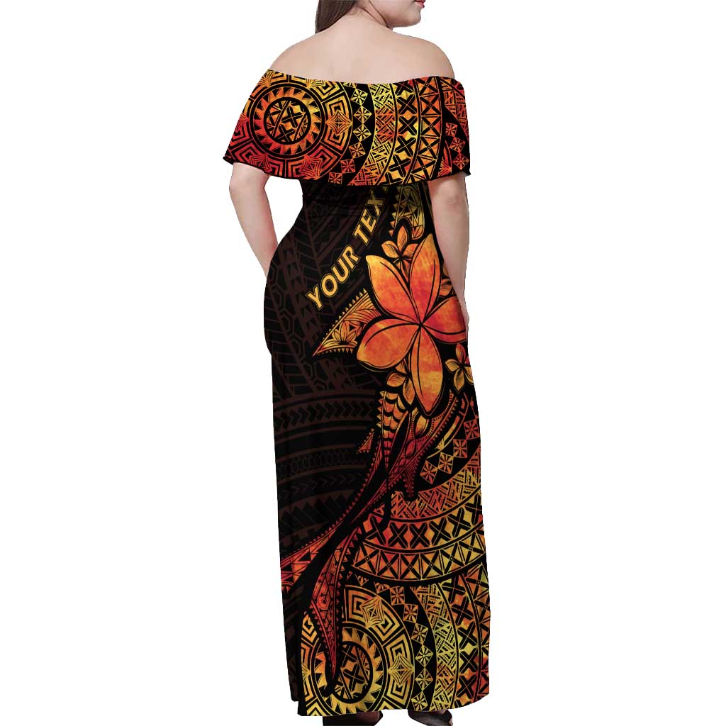 Niue Fakaalofa Atu Personalised Off Shoulder Maxi Dress Whale Hiapo Fiery Motif LT7 - Polynesian Pride