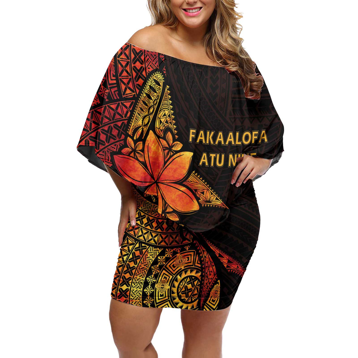Niue Fakaalofa Atu Personalised Off Shoulder Short Dress Whale Hiapo Fiery Motif LT7 Women Art - Polynesian Pride