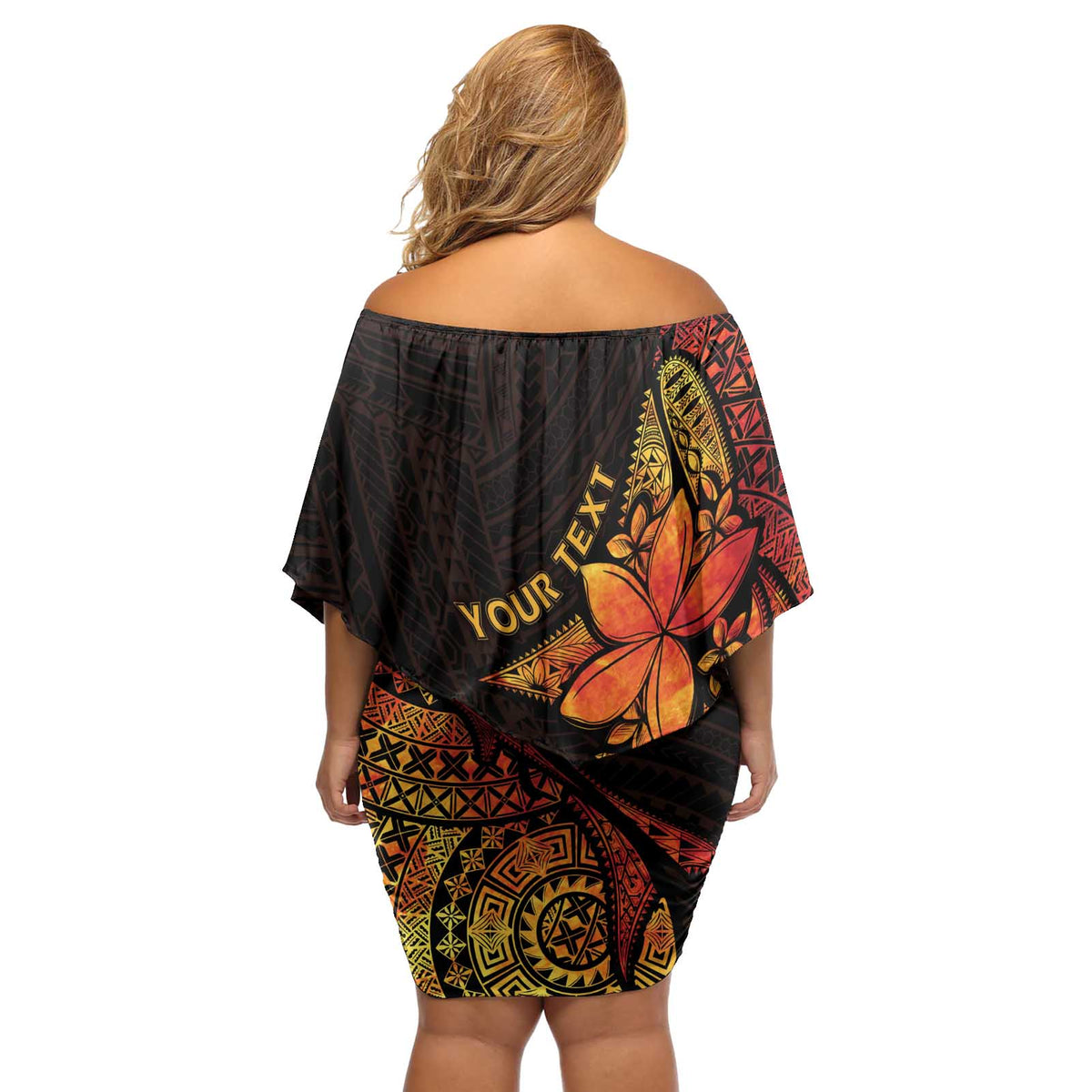 Niue Fakaalofa Atu Personalised Off Shoulder Short Dress Whale Hiapo Fiery Motif LT7 - Polynesian Pride