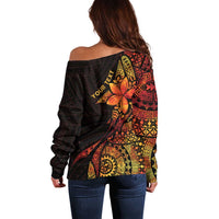 Niue Fakaalofa Atu Personalised Off Shoulder Sweater Whale Hiapo Fiery Motif LT7 - Polynesian Pride