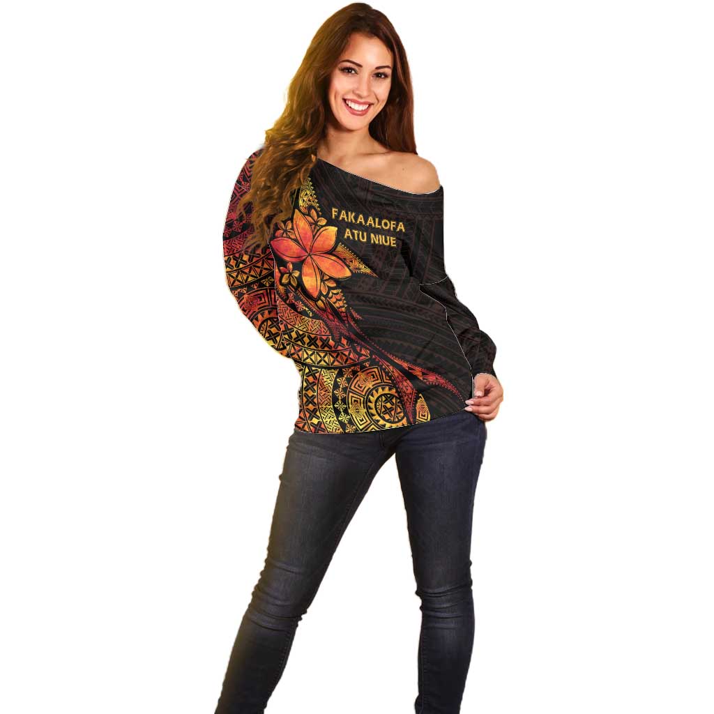 Niue Fakaalofa Atu Personalised Off Shoulder Sweater Whale Hiapo Fiery Motif LT7 - Polynesian Pride