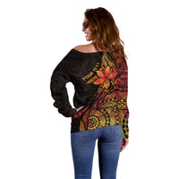 Niue Fakaalofa Atu Personalised Off Shoulder Sweater Whale Hiapo Fiery Motif LT7 - Polynesian Pride
