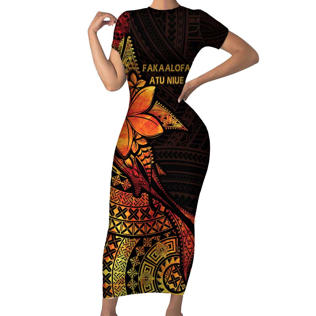 Niue Fakaalofa Atu Personalised Short Sleeve Bodycon Dress Whale Hiapo Fiery Motif LT7 Long Dress Art - Polynesian Pride