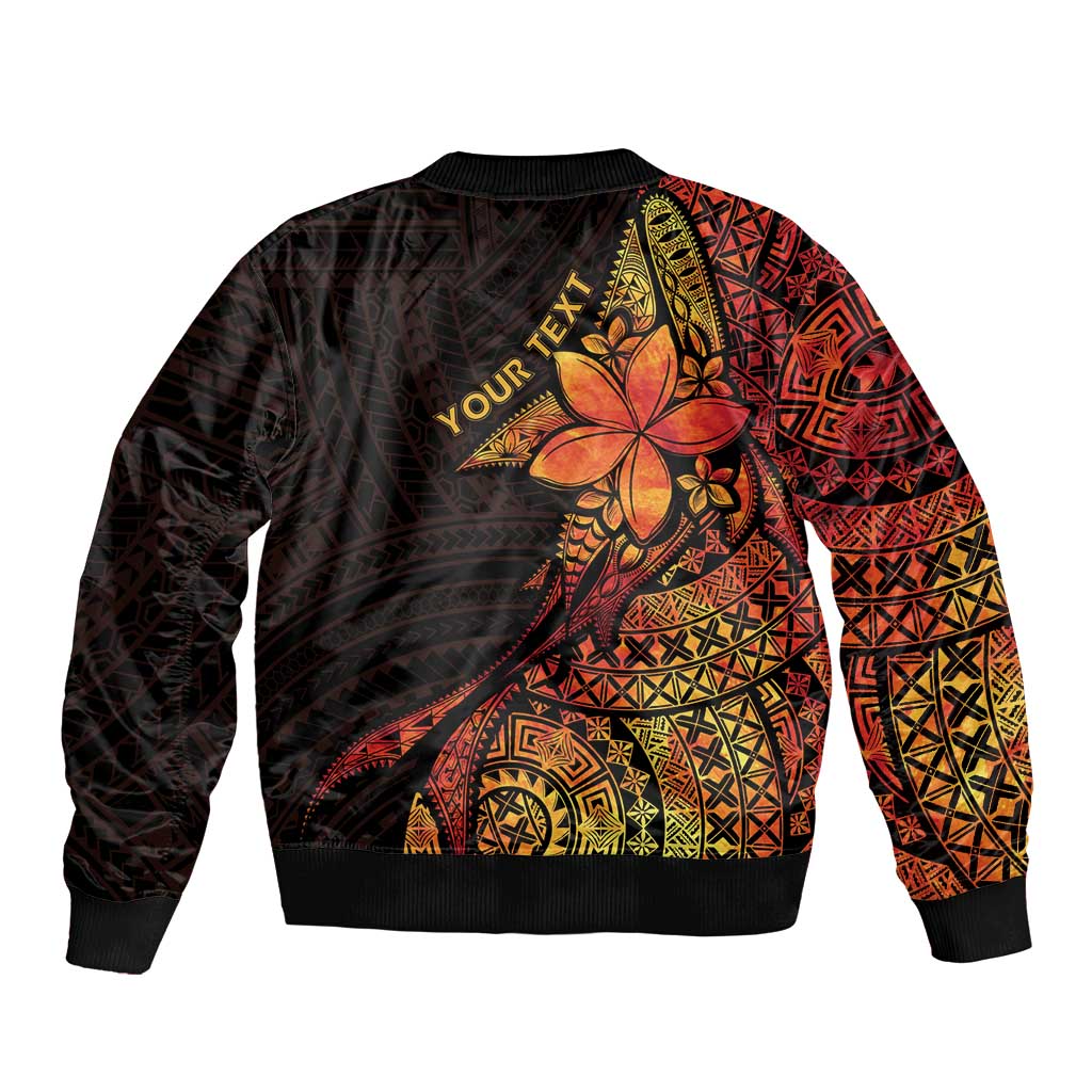 Niue Fakaalofa Atu Personalised Sleeve Zip Bomber Jacket Whale Hiapo Fiery Motif LT7 - Polynesian Pride